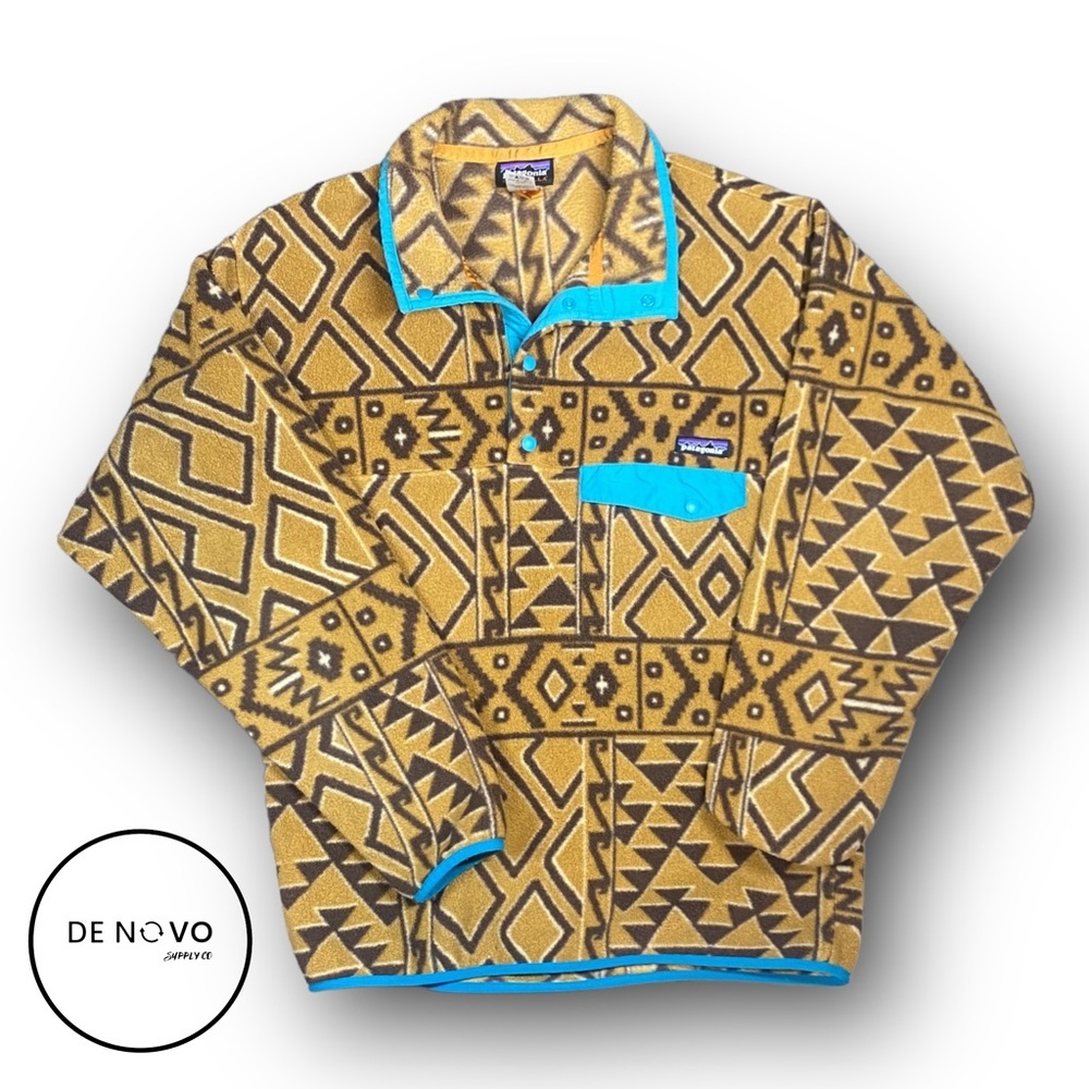 PATAGONIA Mens Synchilla SnapT Pullover Size Medium Tan and Blue